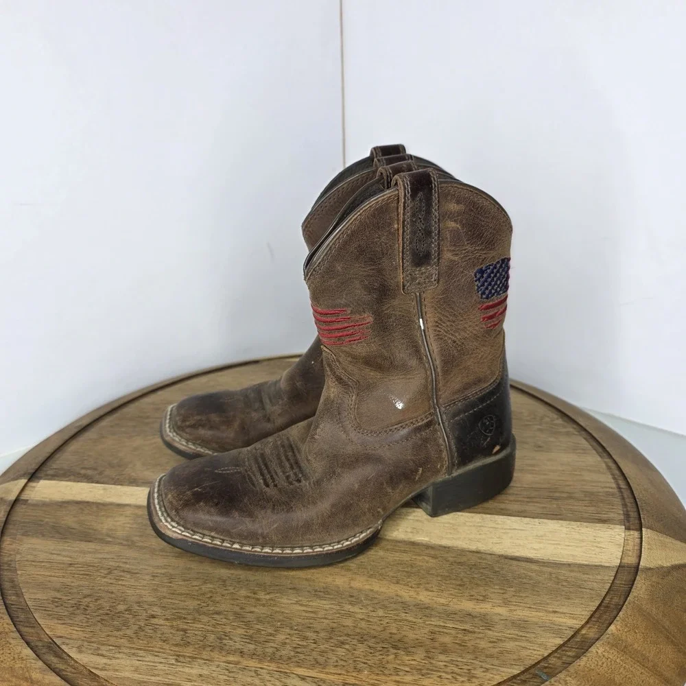 Ariat Youth Sz 12 American Pride Western Boots Square Toe Brown Leather Flag